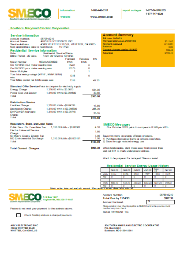 Southern Maryland Electric Cooperative   SMECO utility business bill,  SCR PSD template